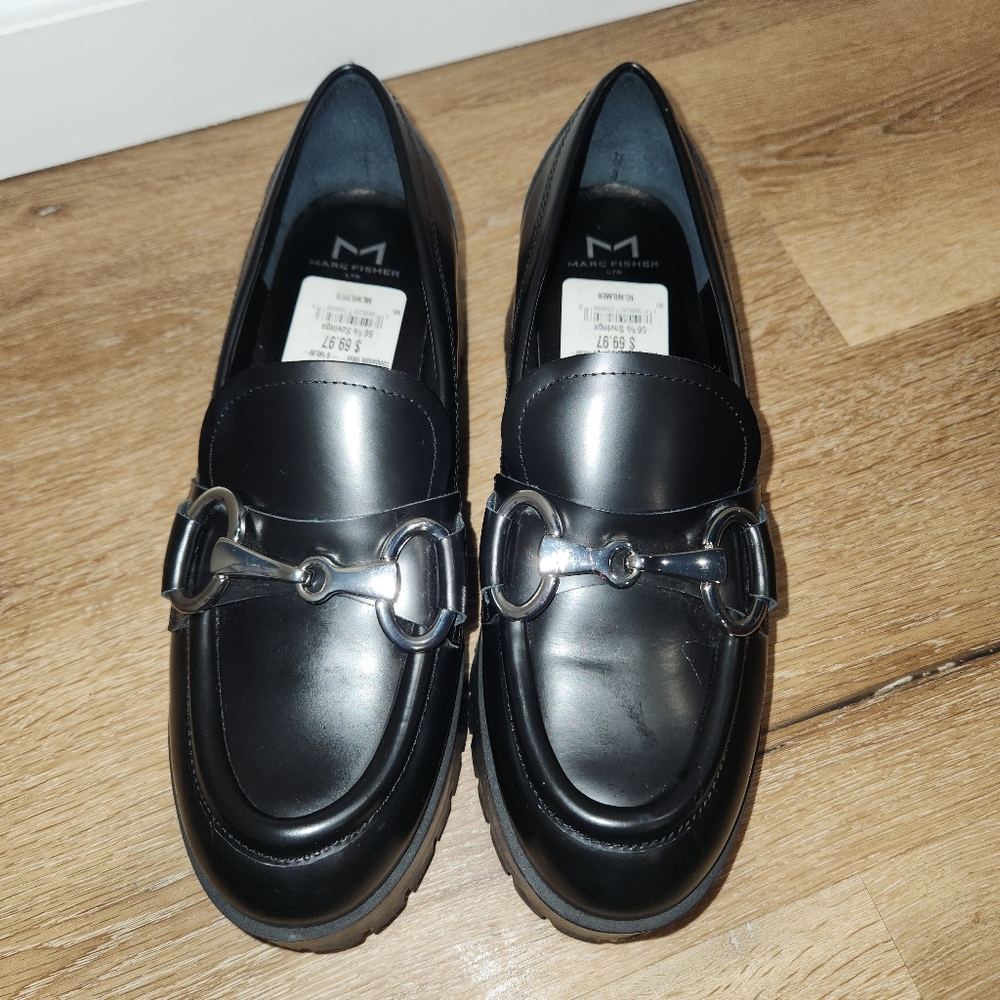 Marc Fisher Black Loafers with Silver Buckle